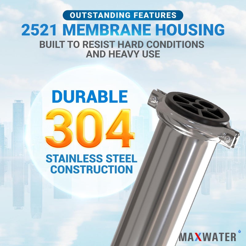 Max Water 2.5 x 21 RO Membrane Housing, Heavy Duty 304 Stainless Steel Pressure Vessel, 2521 Commercial Reverse Osmosis, 250 PSI, 3/8" NPTF Ports, With Complete Installation Set - Image 4